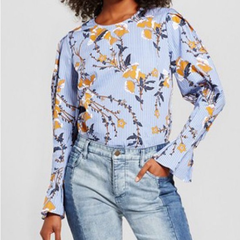 Who What Wear Blue Striped Floral Long-Sleeve Top